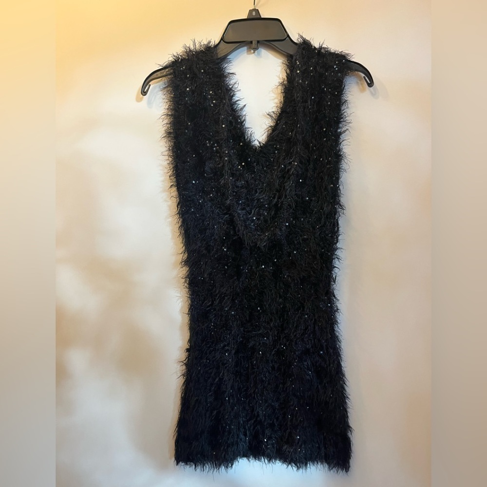 Vintage Forla Paris Design Women’s Fuzzy Sequin Tank Size S Vegan Fur Top Dress - Picture 3 of 12